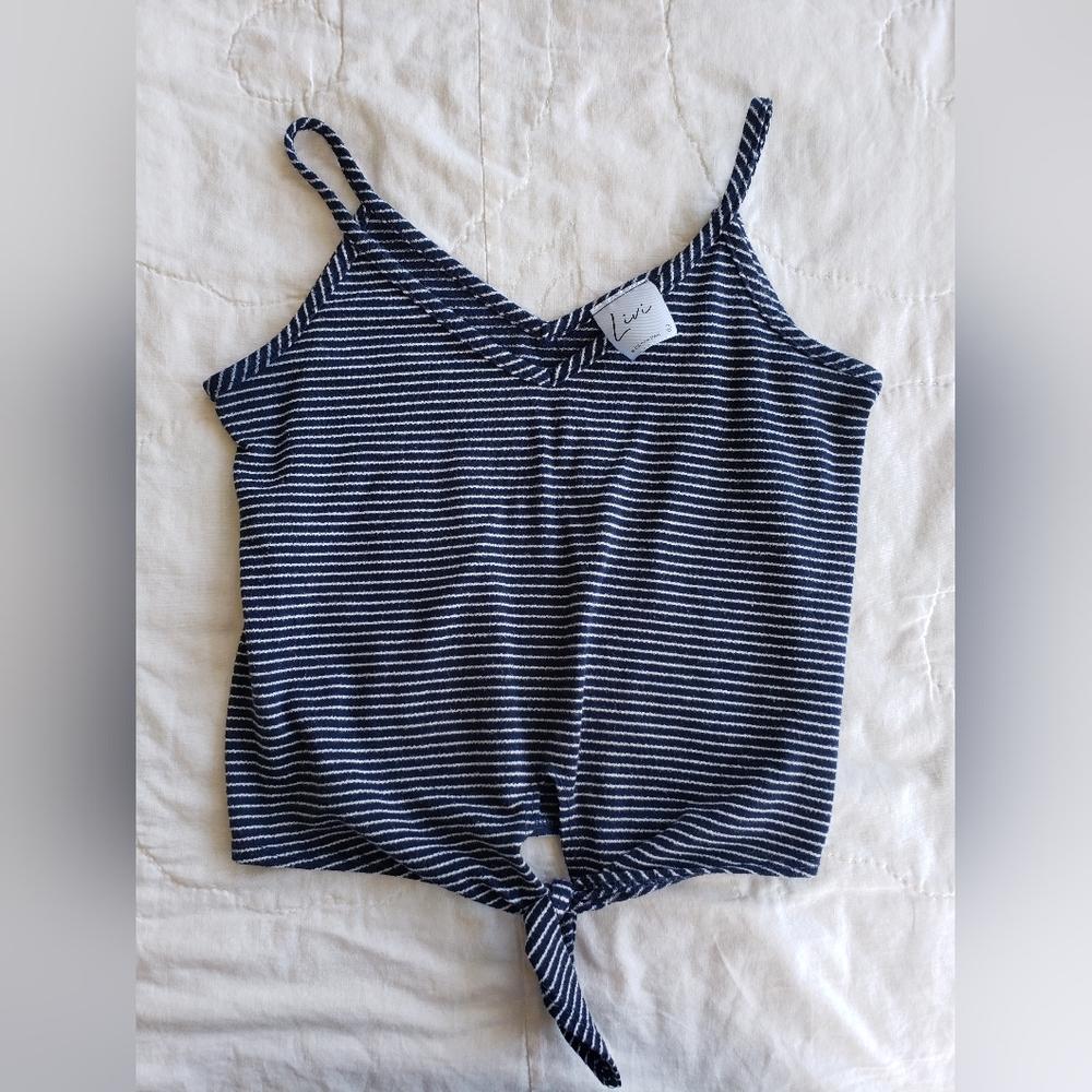 Livi Cropped Tank Top, Tie Front, Spaghetti Strap, Fitted, Blue Stripe Pattern